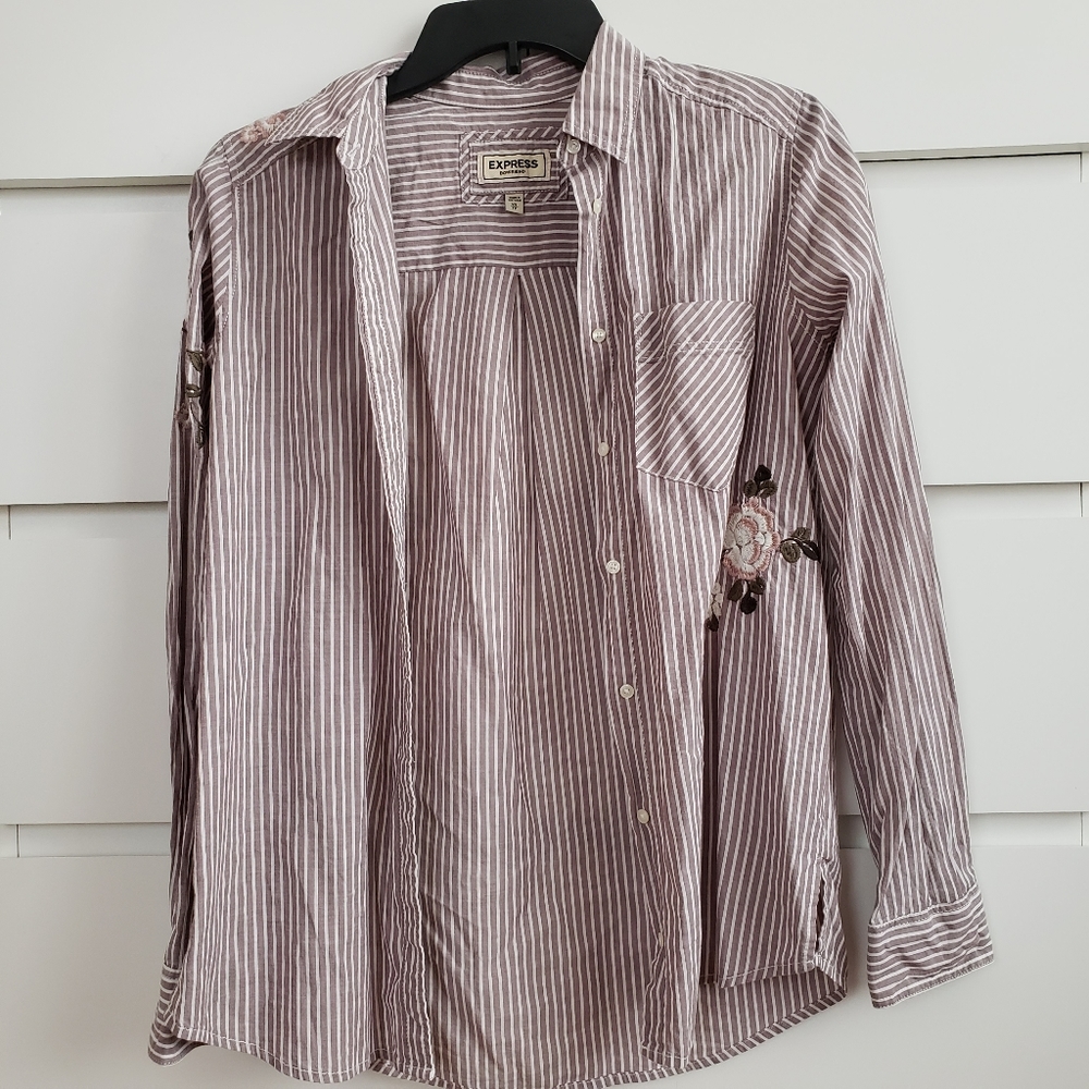 Express Embroidered Floral Boyfriend Button Down